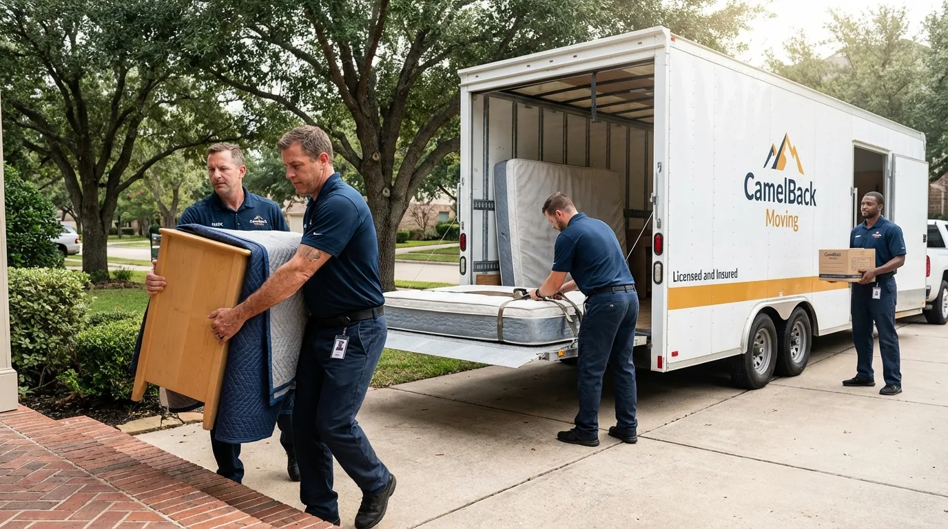 Crew loading residential truck for cross-state move from Mendota, IL