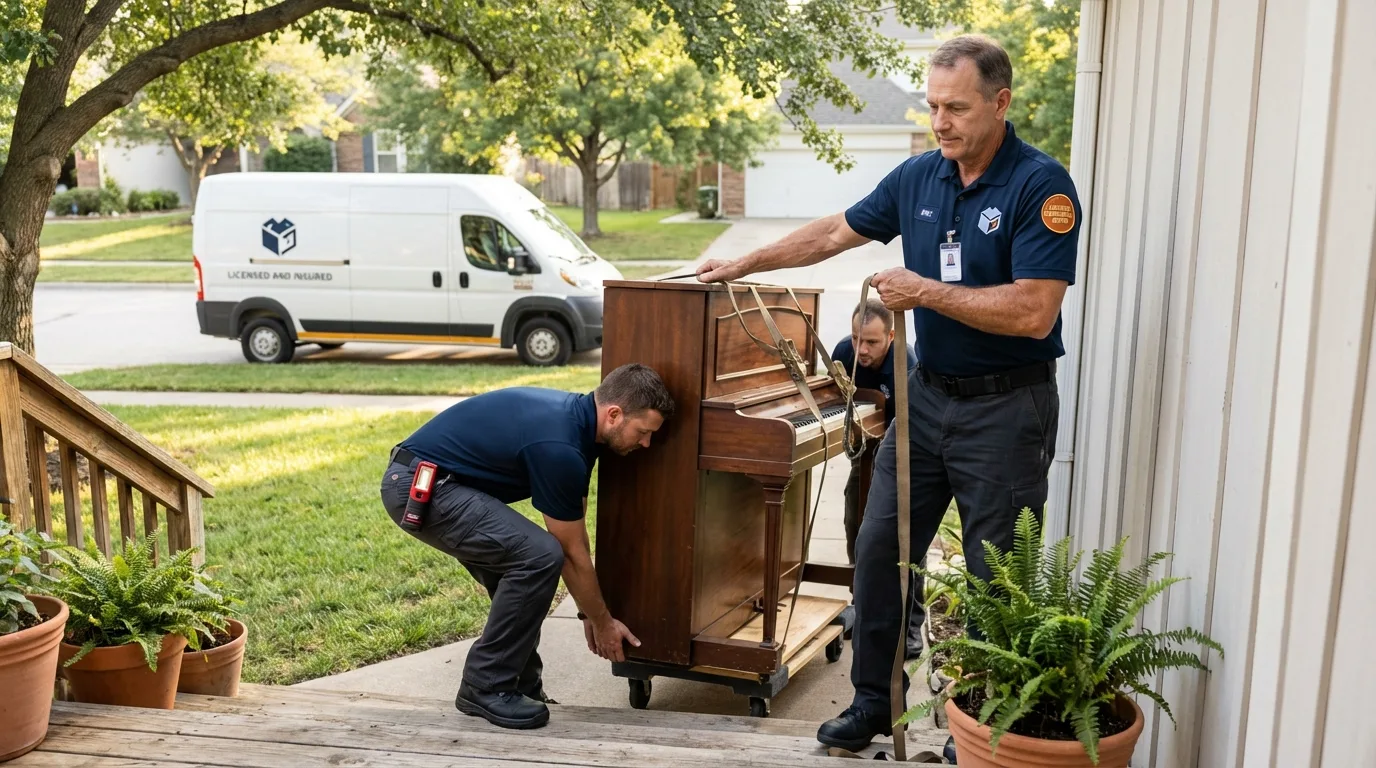 Licensed piano movers securing grand piano in Mendota, IL